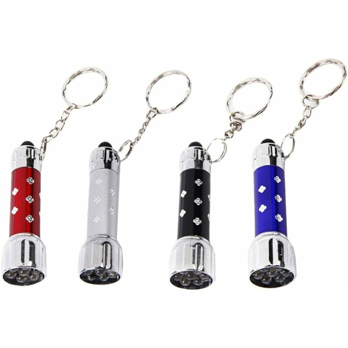 Vier kleine Taschenlampen, jede mit Schlüsselanhänger. Sie variieren in der Farbe.