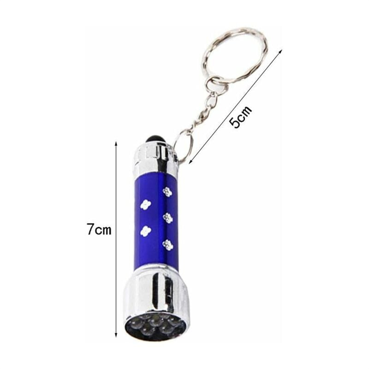 Eine blaue und silberne Taschenlampe an einem Schlüsselanhänger. Die Länge wird mit 7 cm und 5 cm angegeben.
