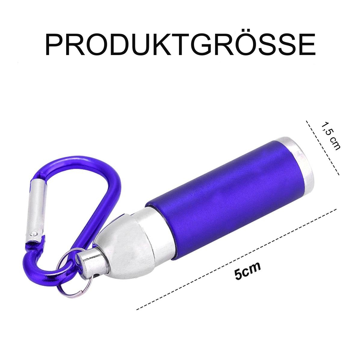 Eine blaue Taschenlampe mit Schlüsselanhänger und blauem Griff. Weißer Hintergrund.