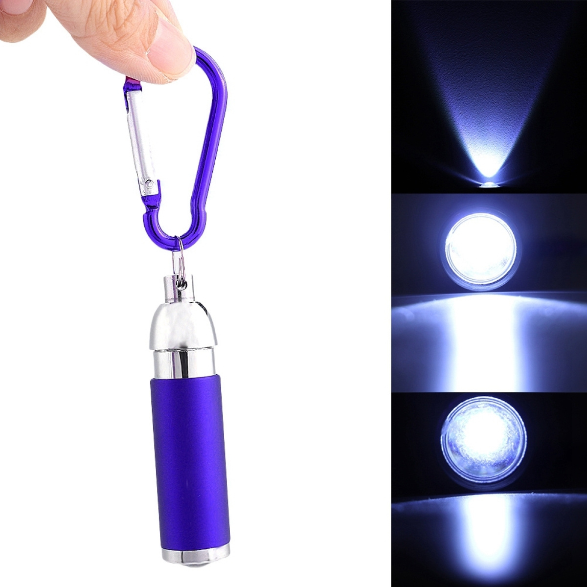 Lila Taschenlampe am Schlüsselanhänger mit Karabiner. Zeigt verschiedene Lichtmuster.