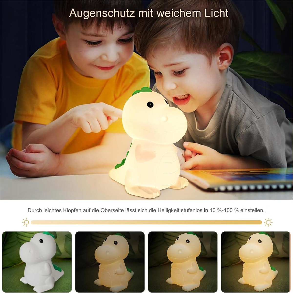 Zwei Kinder betrachten ein dinosaurierförmiges Nachtlicht. Lichteinstellungen sind unten, in einem dunklen Raum.