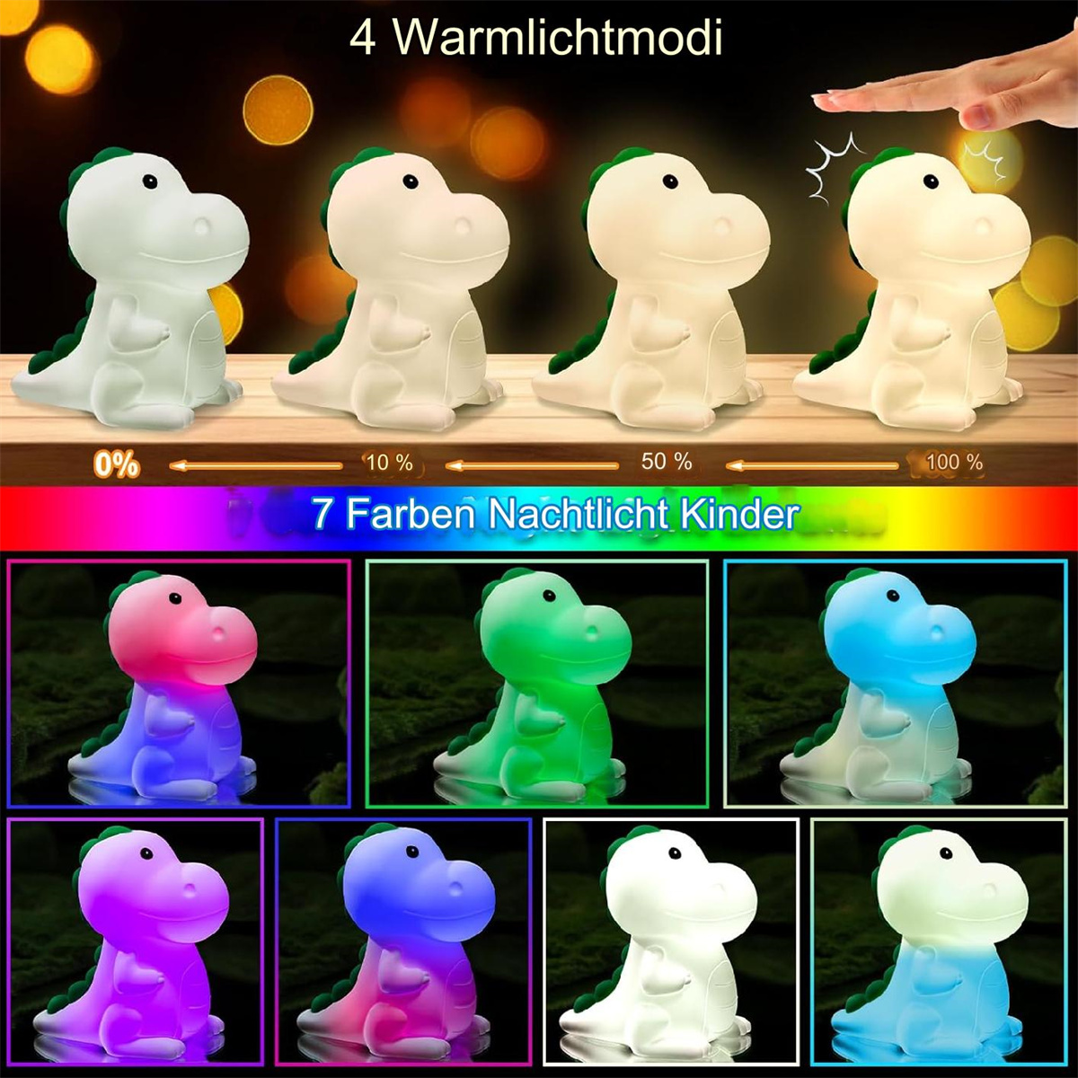 Eine Reihe von Dinosaurier-förmigen Nachtlichtern in verschiedenen Farben und Helligkeitsstufen, mit einer Farbkarte.