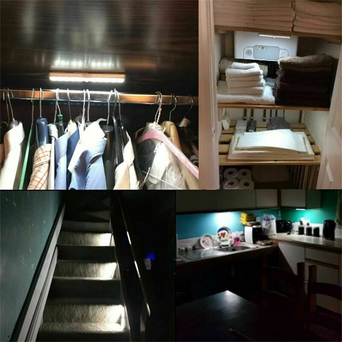 Vier Fotos zeigen einen Schrank, Regale mit Handtüchern, eine Treppe und eine Küche mit eingeschaltetem Licht.