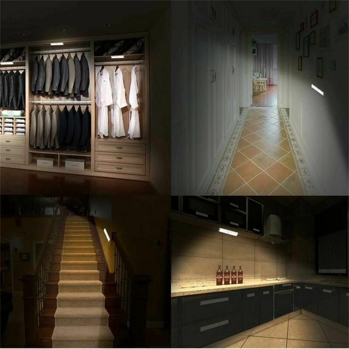Eine Collage zeigt Räume, die von Lichtleisten beleuchtet werden: Schrank, Flur, Treppe und Küche.