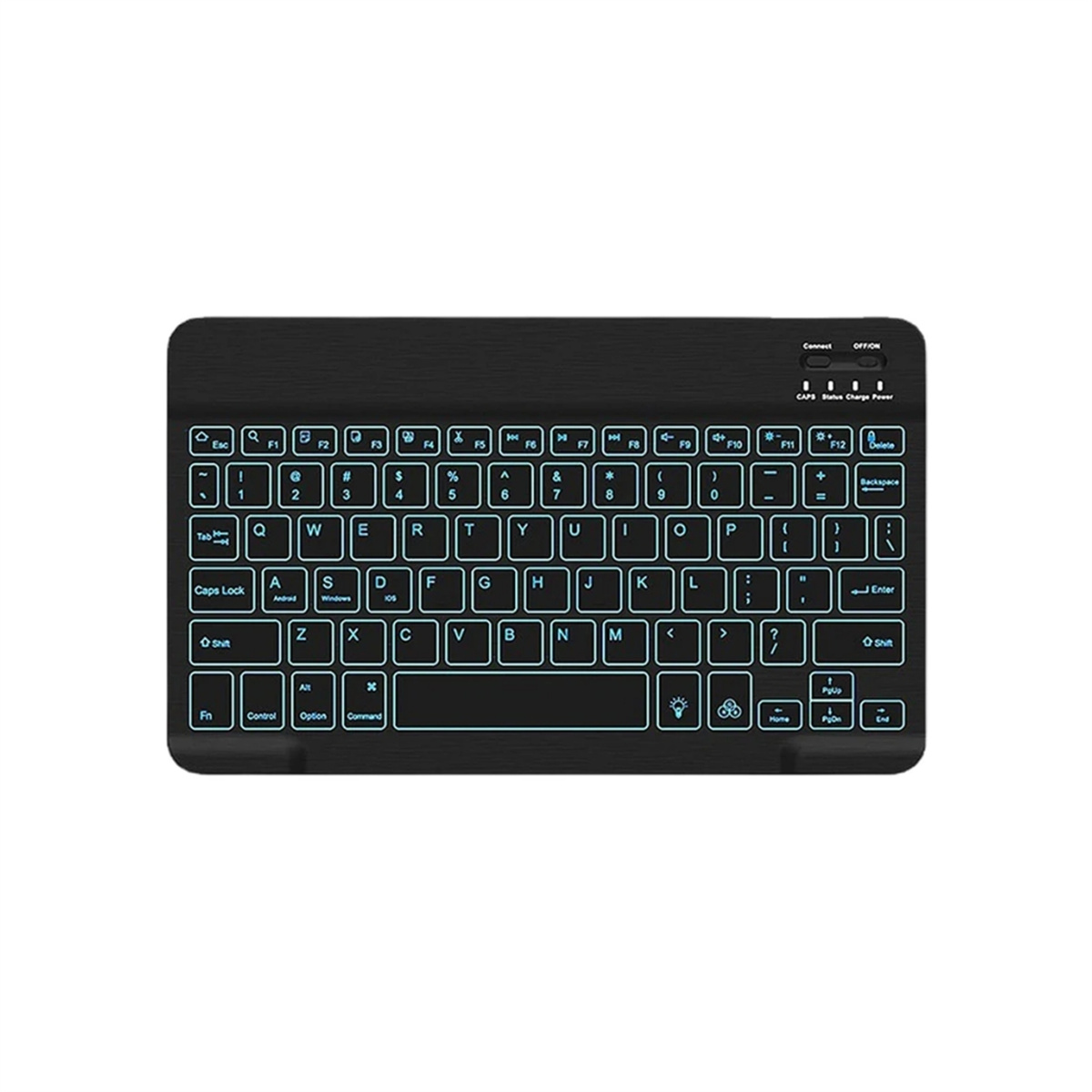Eine schwarze Tastatur mit weiß beleuchteten Tasten. Sie hat ein QWERTZ-Layout mit einem Ein-/Ausschalter.