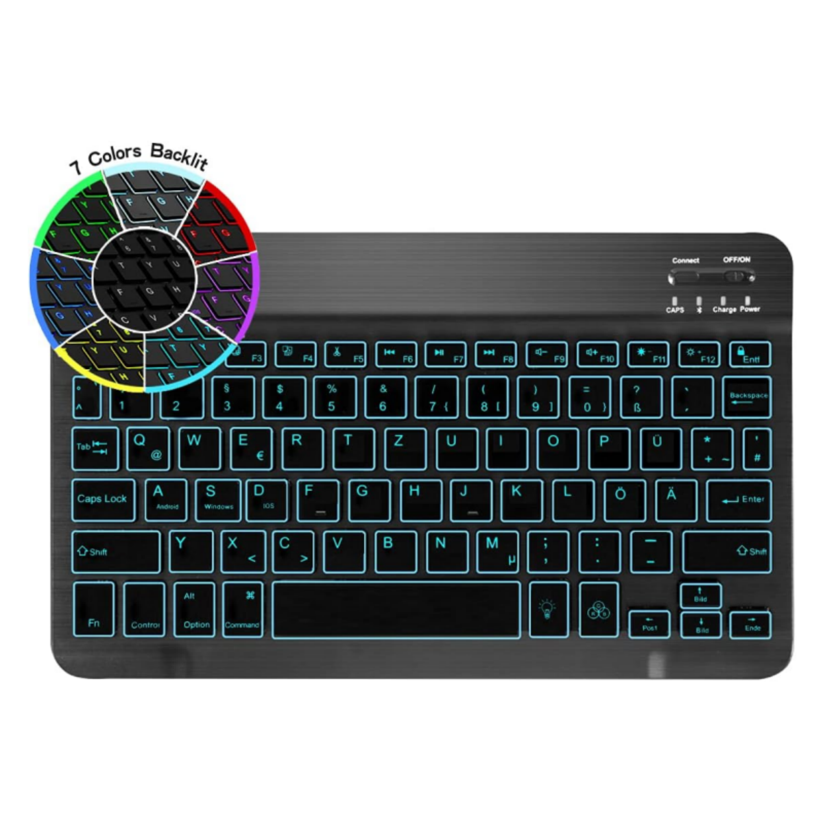 Schwarze Tastatur mit Hintergrundbeleuchtung. Ein Farbkreis wird gezeigt. Die Tastatur hat verschiedene Funktionstasten.