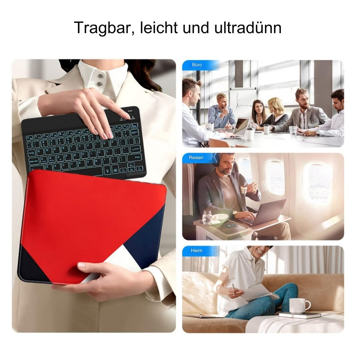 Eine Frau hält Tastatur und Hülle, gezeigt in verschiedenen Umgebungen: Büro, Reise und Zuhause.