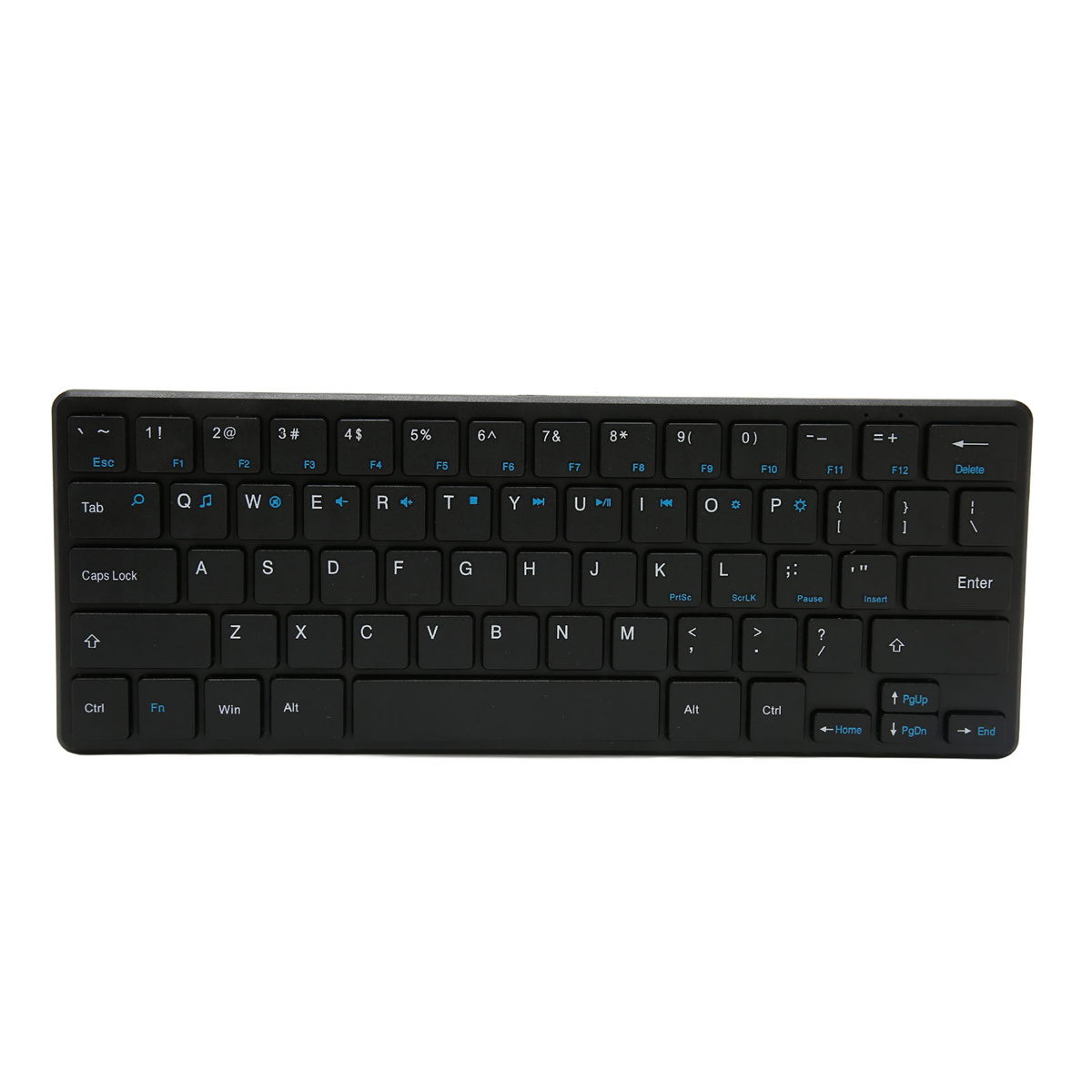 Schwarze Tastatur mit weißen Buchstaben und blauen Funktionstasten. Kompaktes Design.