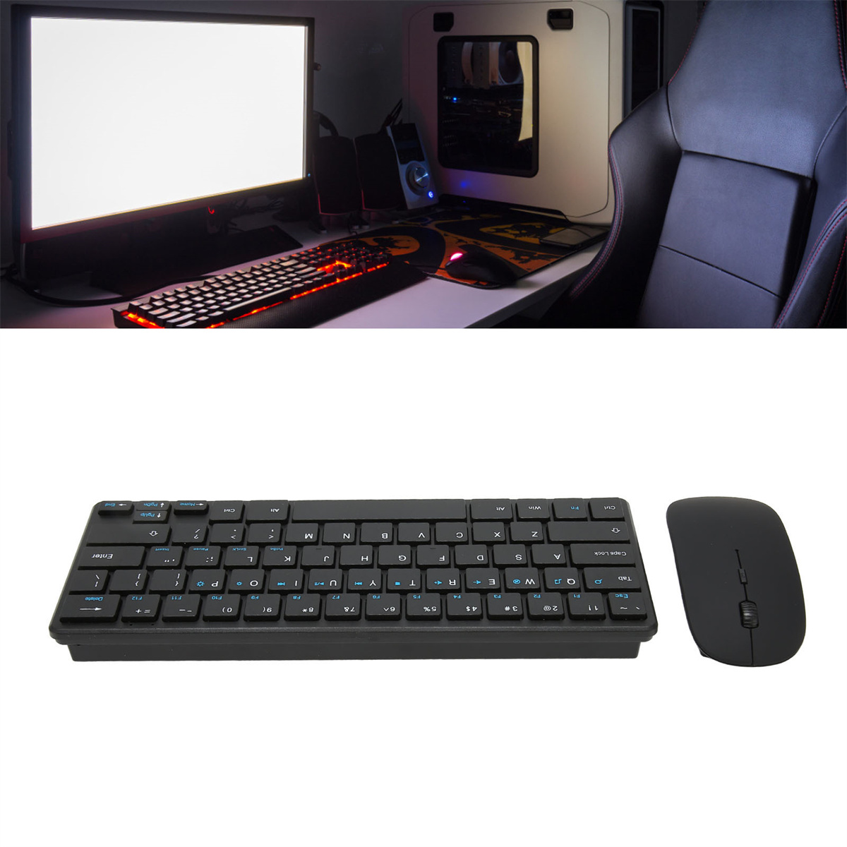 Ein Gaming-Setup: ein Monitor, eine Tastatur und eine Maus. Eine schwarze Tastatur und Maus befinden sich im Vordergrund. Der Monitor ist beleuchtet.