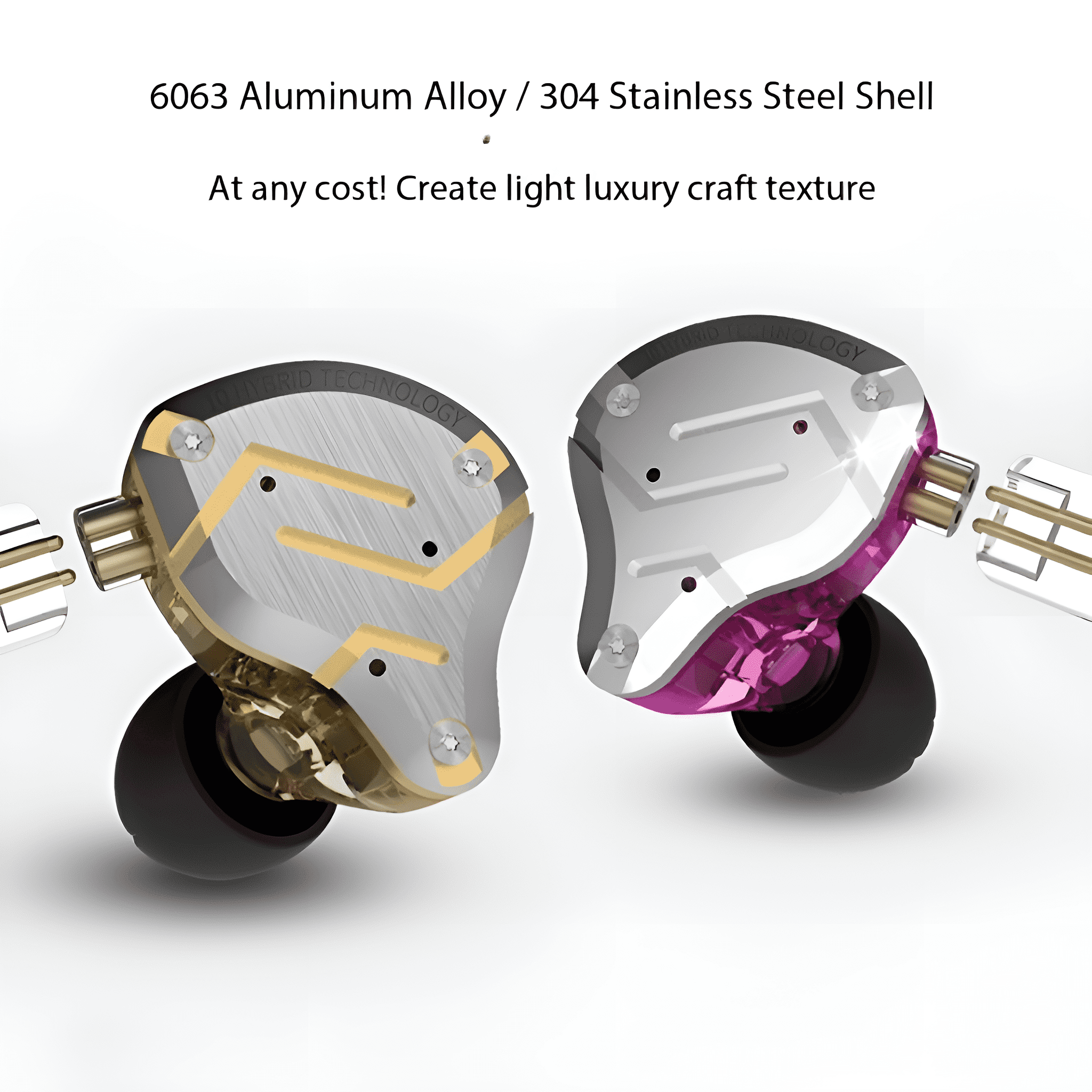 Zwei silberne und violette In-Ear-Kopfhörer mit goldenen Akzenten.
