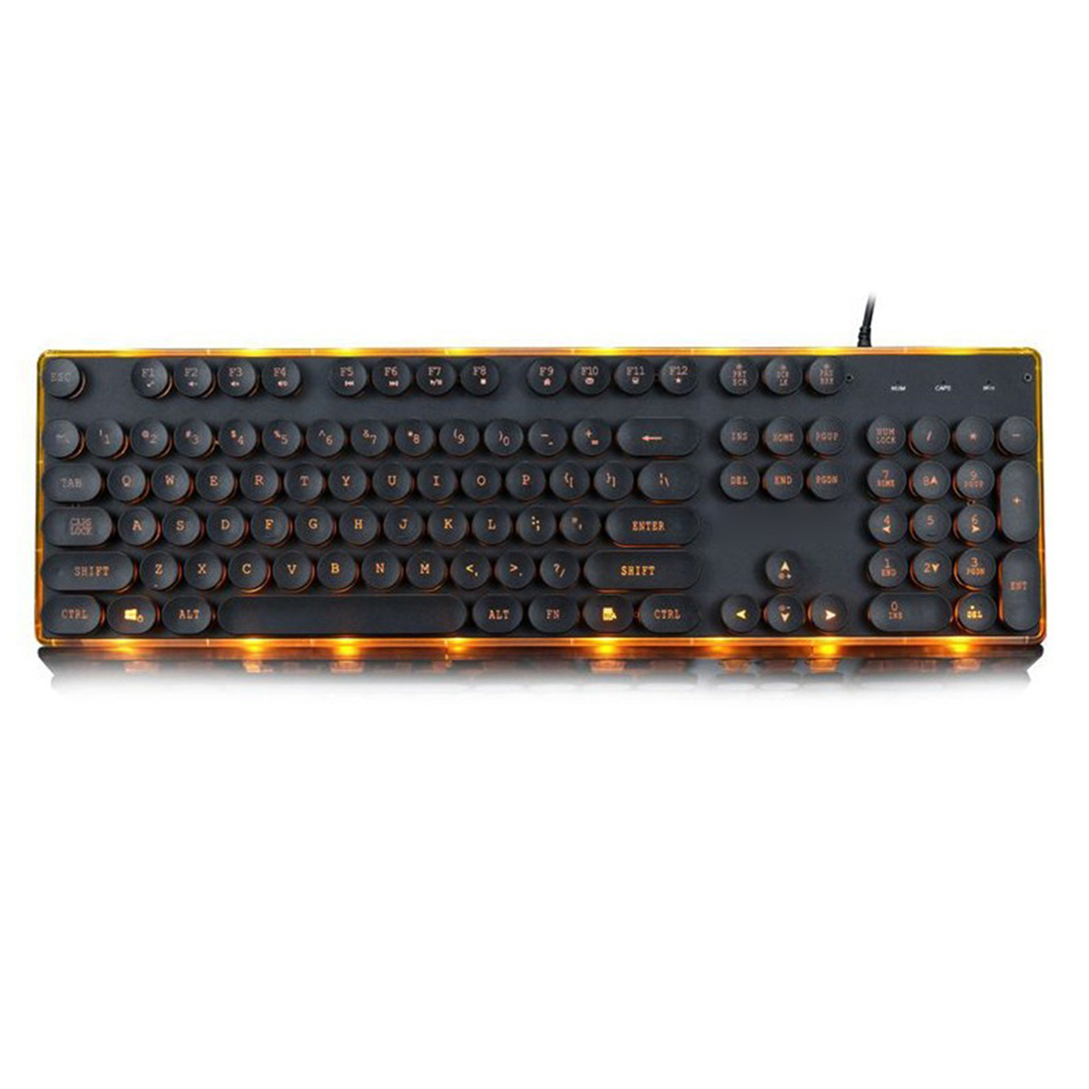 Schwarze Tastatur mit runden Tasten, orangefarbener Hintergrundbeleuchtung und Kabel. Weißer Hintergrund.