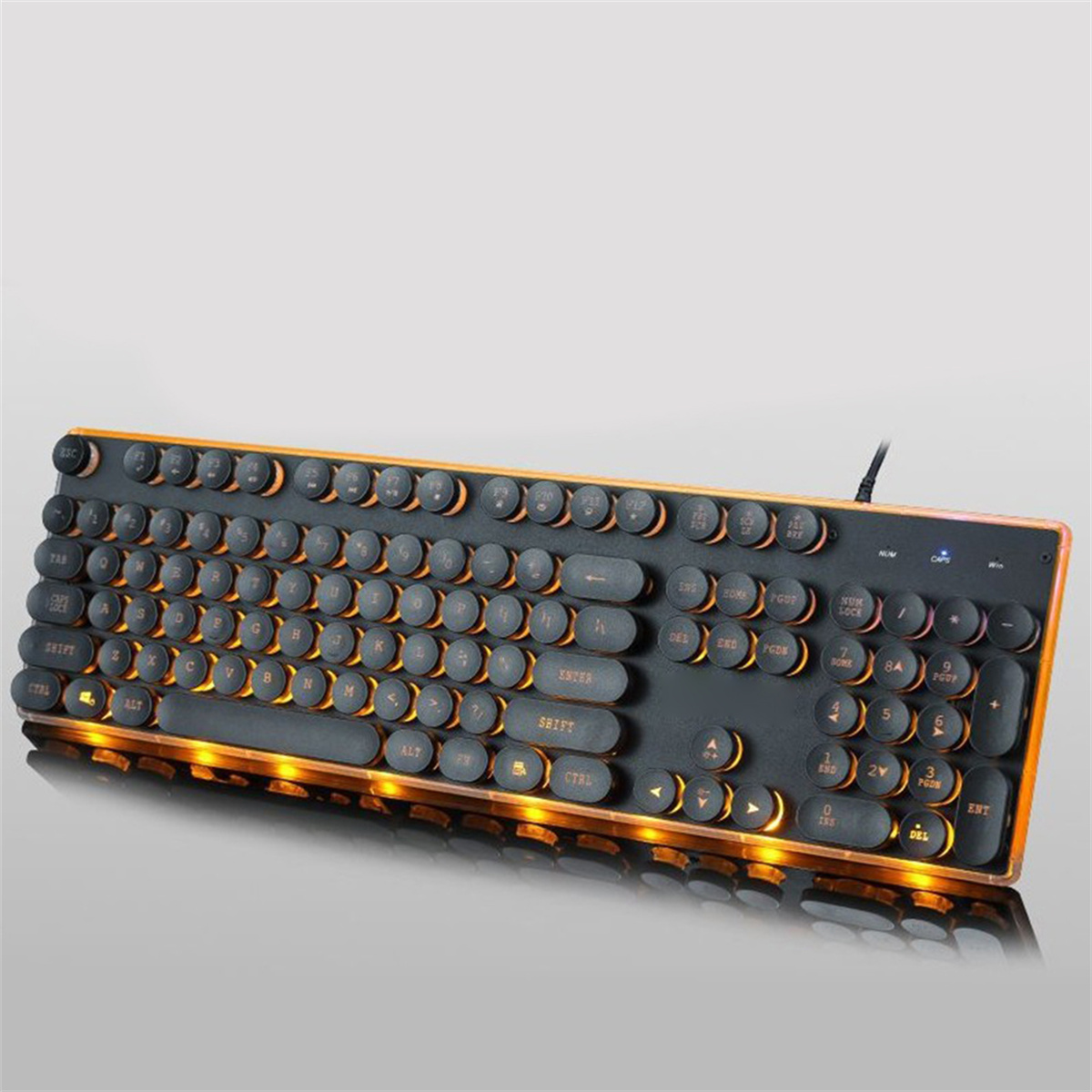 Schwarze Tastatur im Retro-Stil mit runden Tasten und orangefarbener LED-Beleuchtung.