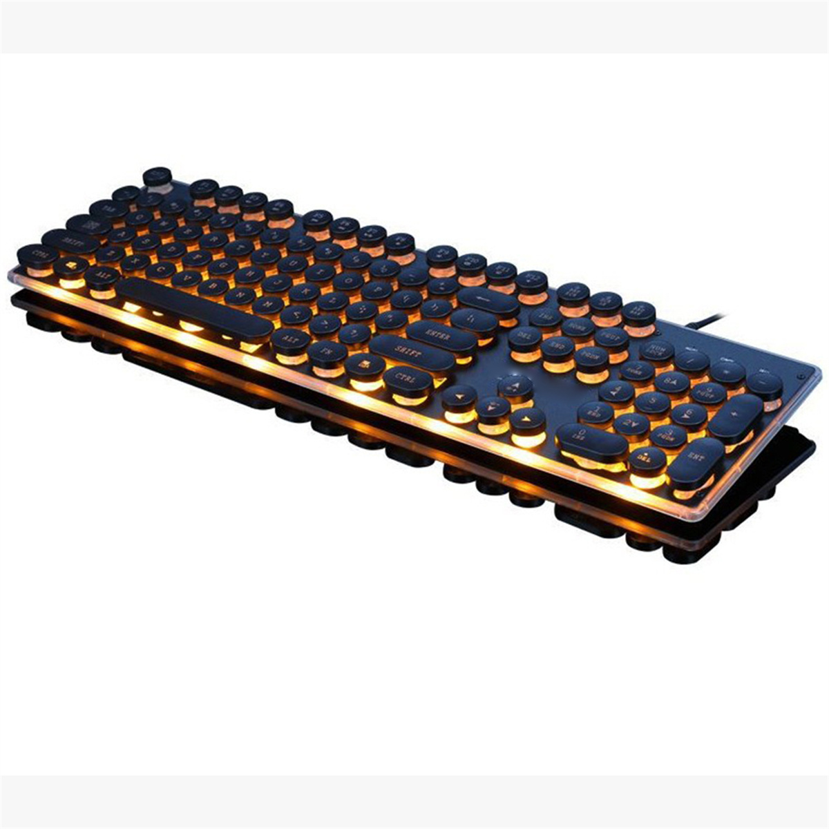 Schwarze Tastatur im Retro-Stil mit runden Tasten. Die Tasten sind orange beleuchtet.