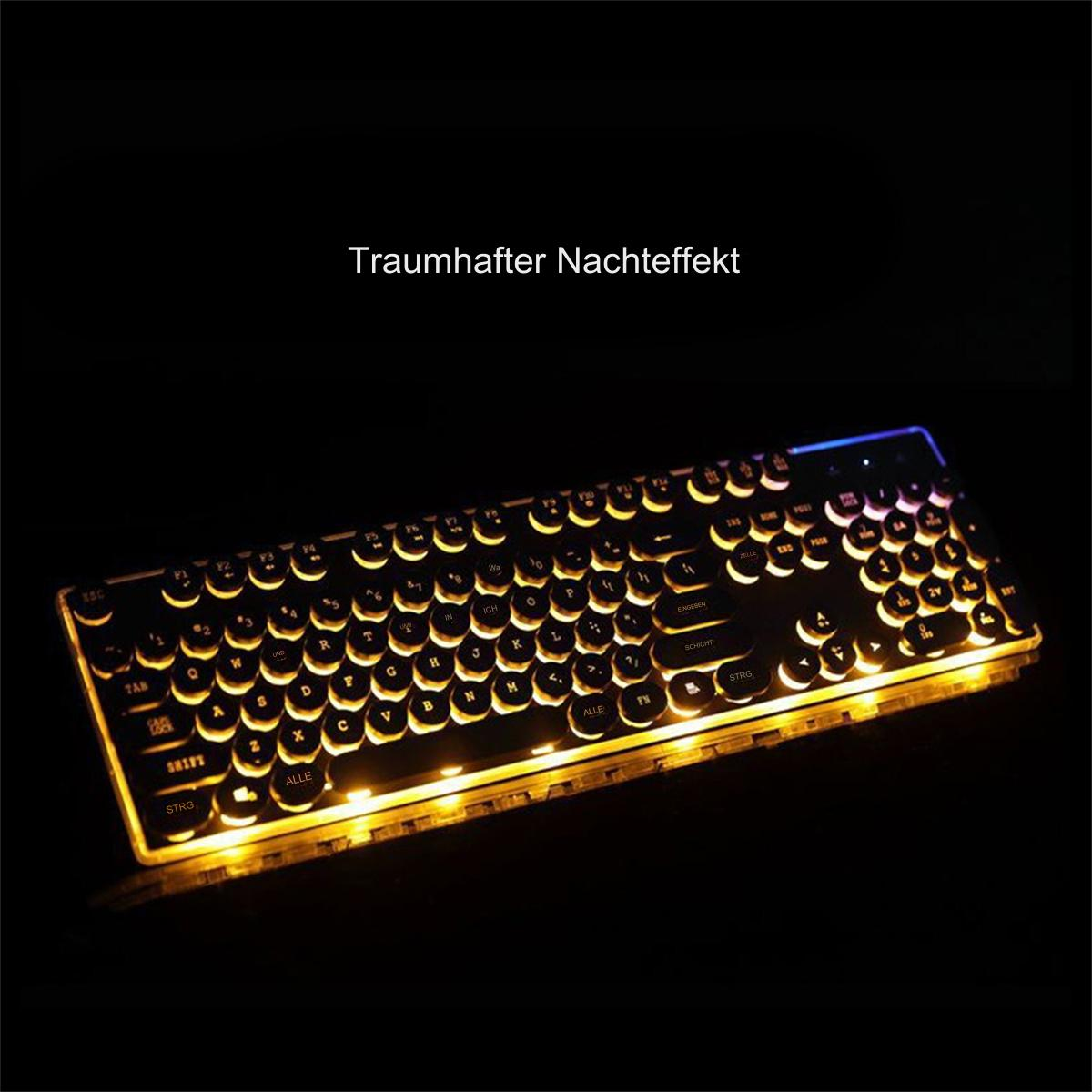 Beleuchtete Tastatur auf dunklem Hintergrund. Tasten leuchten gelb, orange und blau. Die Beleuchtung erzeugt einen traumhaften Effekt.