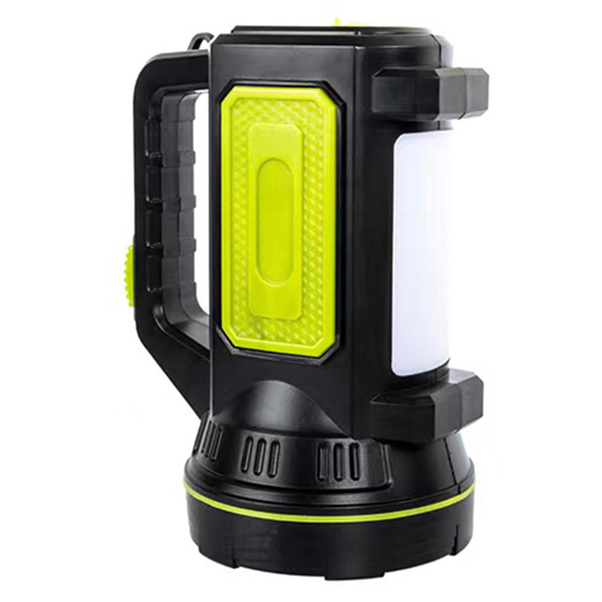 Eine schwarze und limettengrüne Taschenlampe mit Griff, rechteckigem Lichtpaneel und zylindrischem Körper.