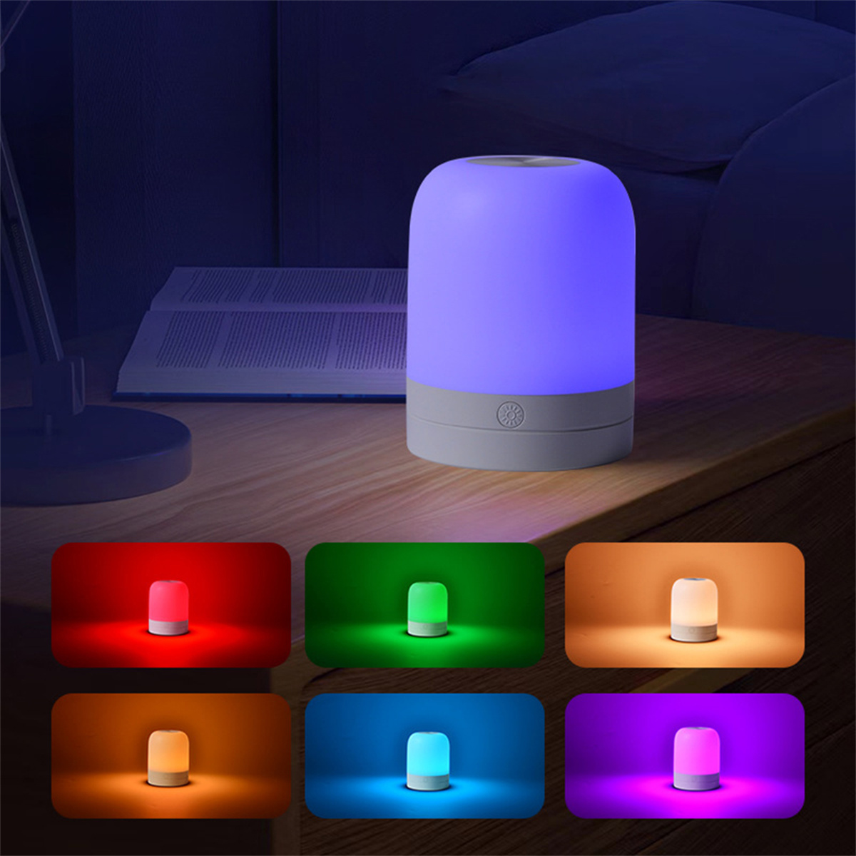 Eine farbwechselnde Nachttischlampe. Sechs Farboptionen auf dem Tisch: rot, grün, orange, weiß, blau und lila.