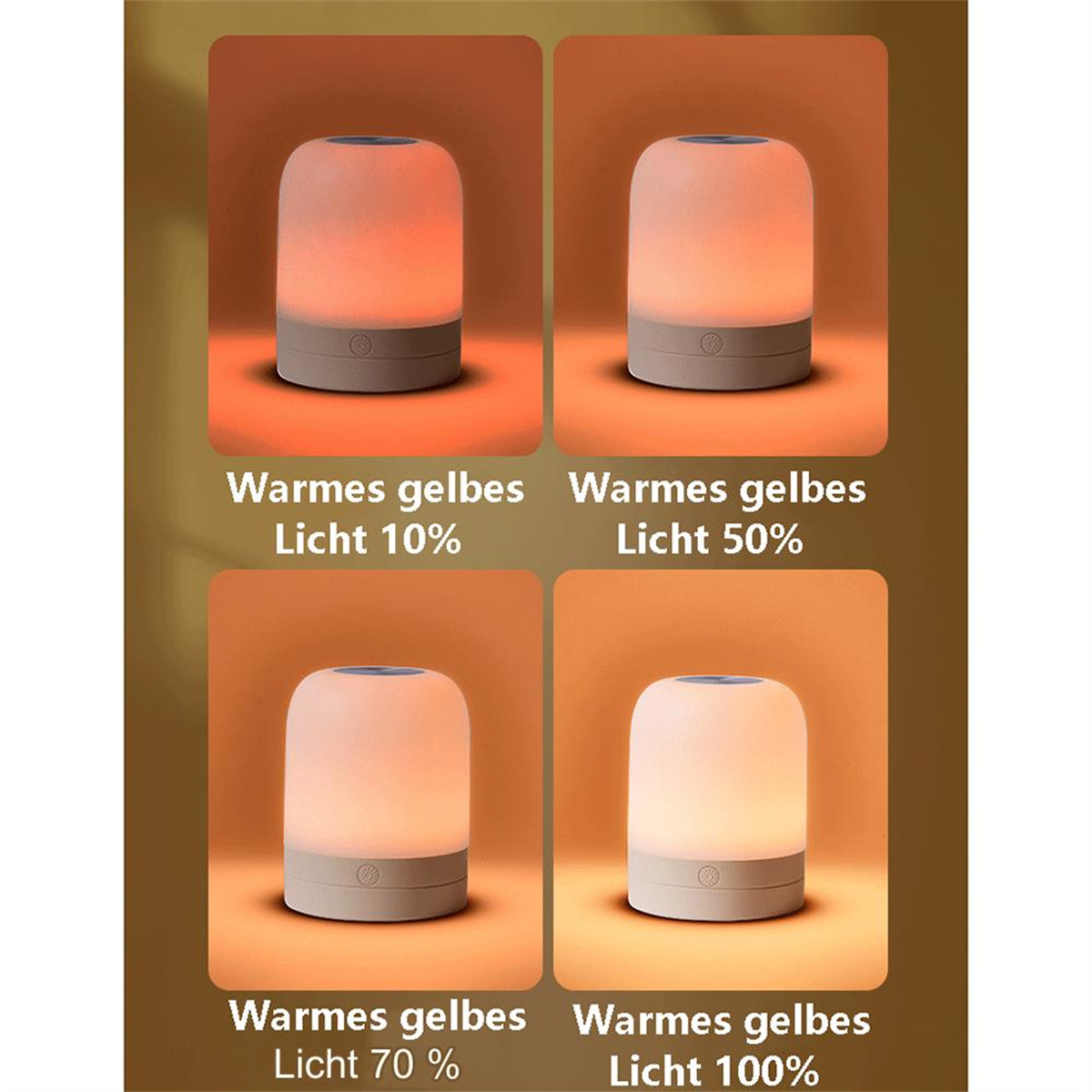 Vier kleine Lampen, die verschiedene warmgelbe Lichtintensitäten zeigen.