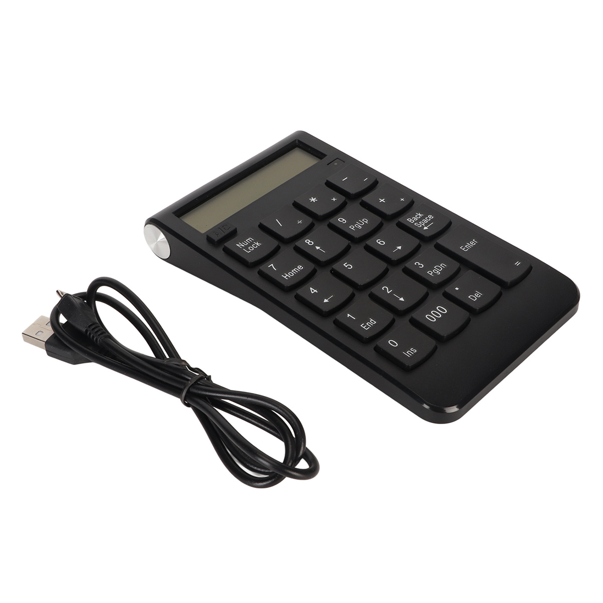 Schwarzer numerischer Tastenblock mit Tasten und einem USB-Kabel. Die Tastatur hat Zahlen, Symbole und Funktionstasten.