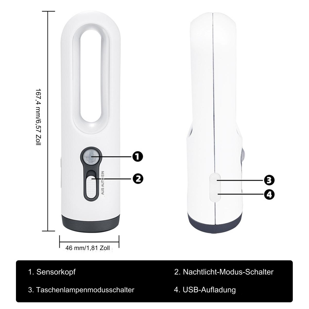 Weiße Taschenlampe mit Maßen, Knöpfen und USB-Ladeanschluss.