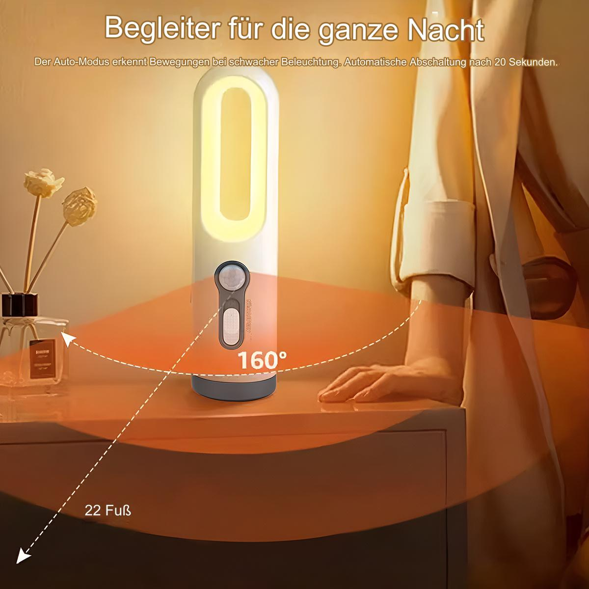 Weißes und graues Nachtlicht auf einem Tisch. Eine Hand greift nach dem Licht.