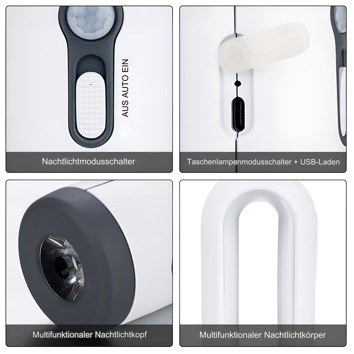 Nahaufnahme einer Lampe, die ihre Teile zeigt. Beschriftungen auf Deutsch: 'AUS AUTO EIN', 'USB-Laden'.