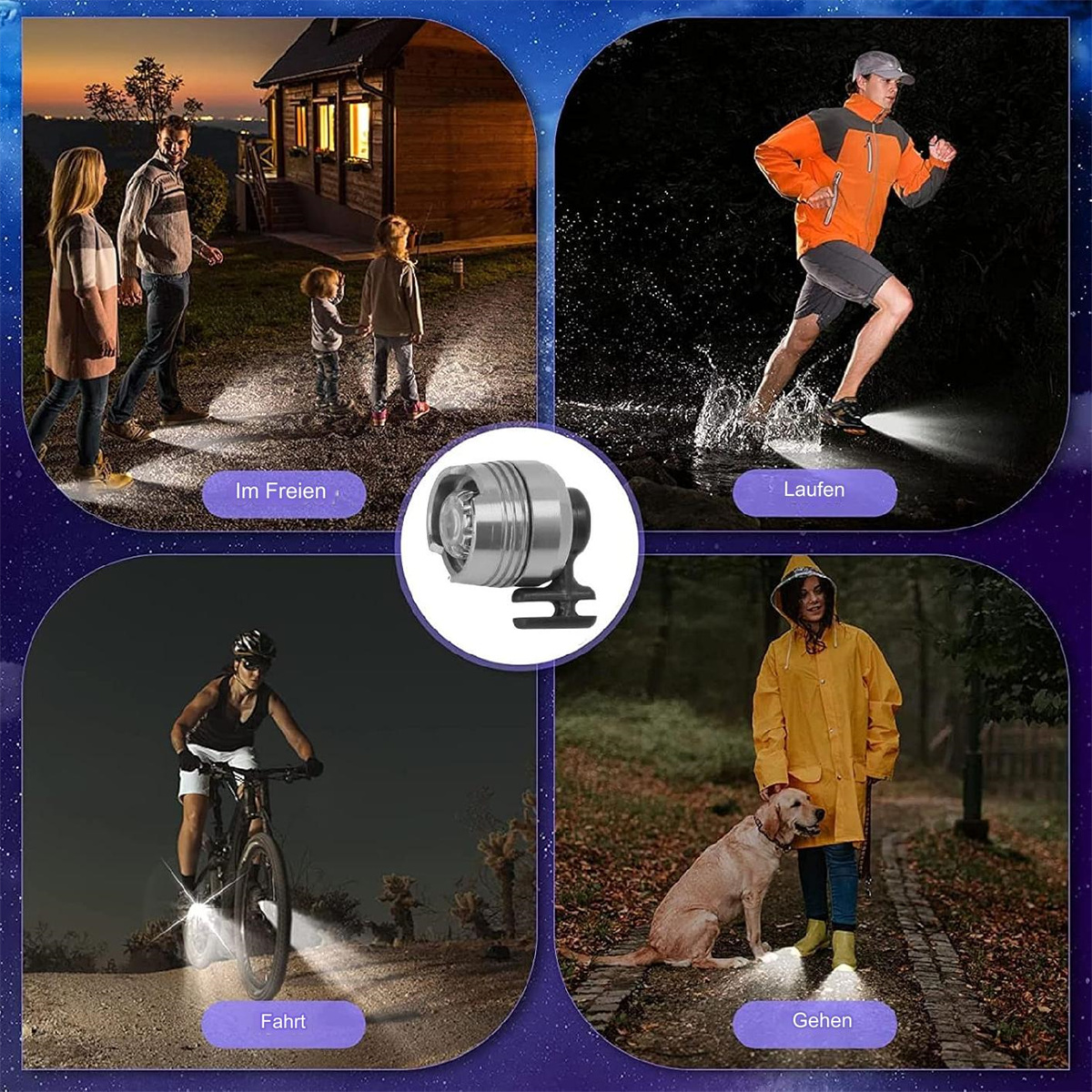 Bilder, die eine Taschenlampe in verschiedenen Szenarien zeigen. Menschen gehen, rennen, Fahrrad fahren und mehr.