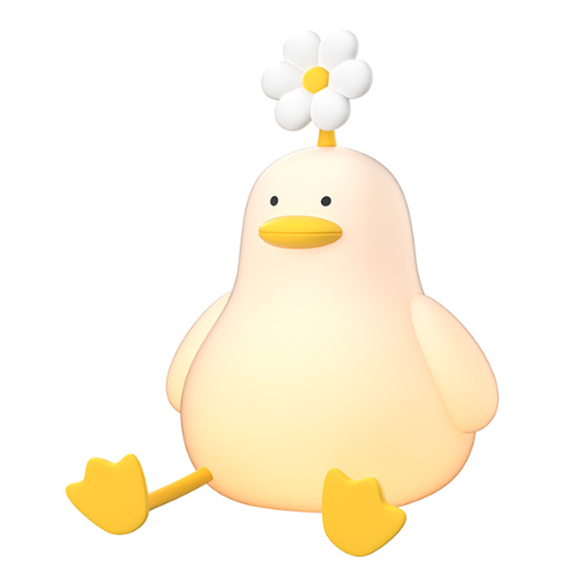 Eine gelbe, entenförmige Lampe mit einer Blume auf dem Kopf. Sie hat orange Füße und einen gelben Schnabel.