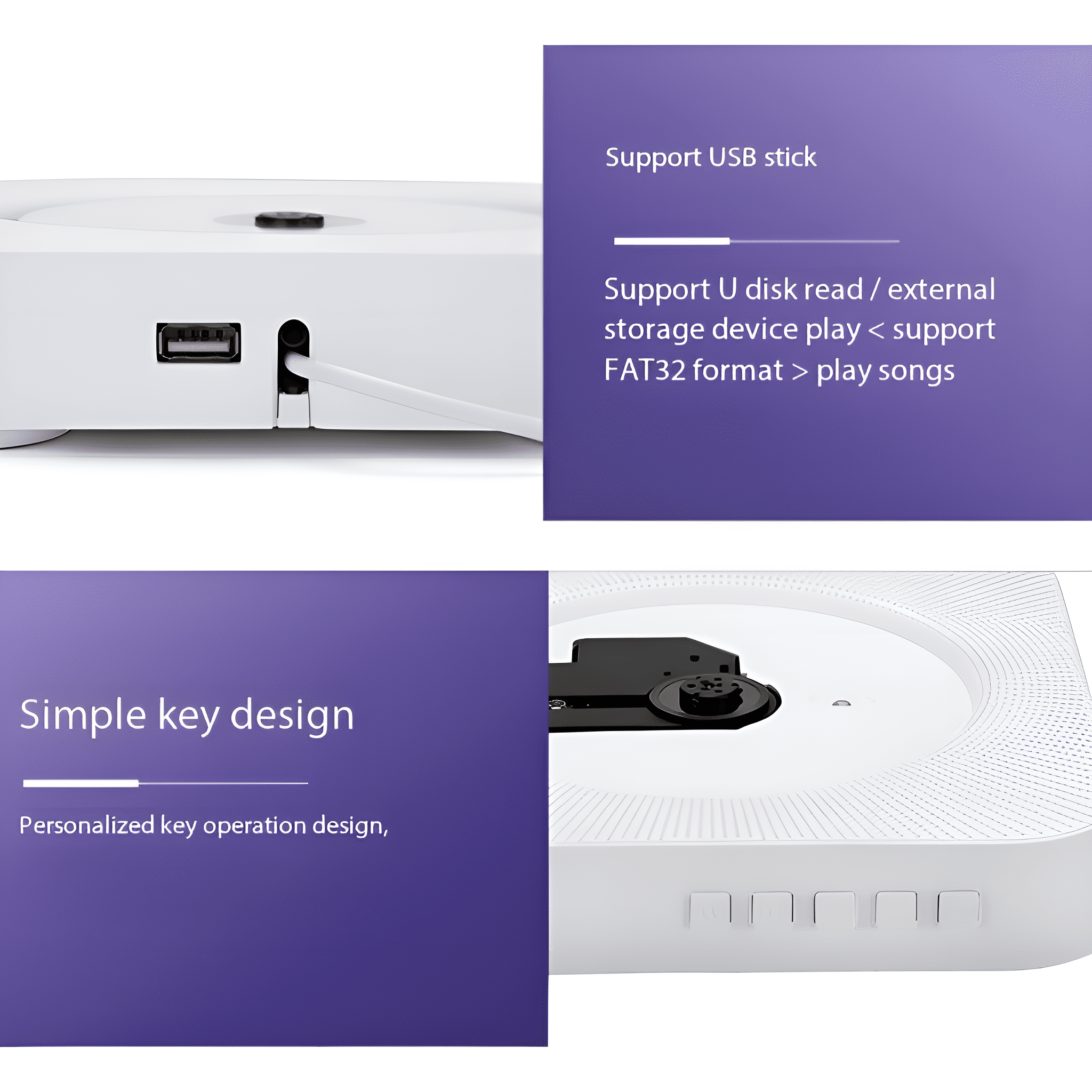 Weißer CD-Player mit USB-Anschluss und Tasten. Text beschreibt USB-Unterstützung.