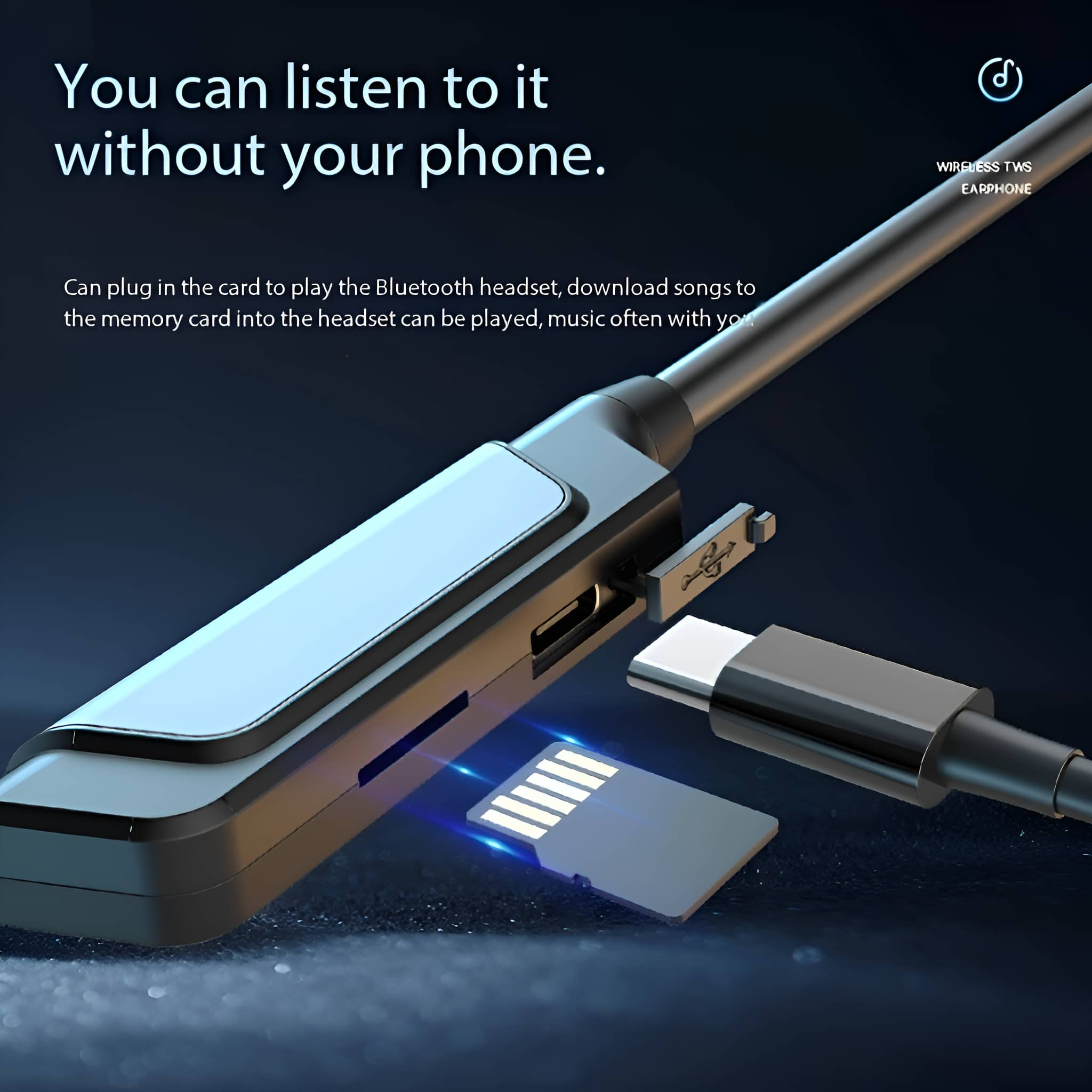 Kopfhörer mit USB-C-Kabel und SD-Karte, Text: Ohne Telefon hören.