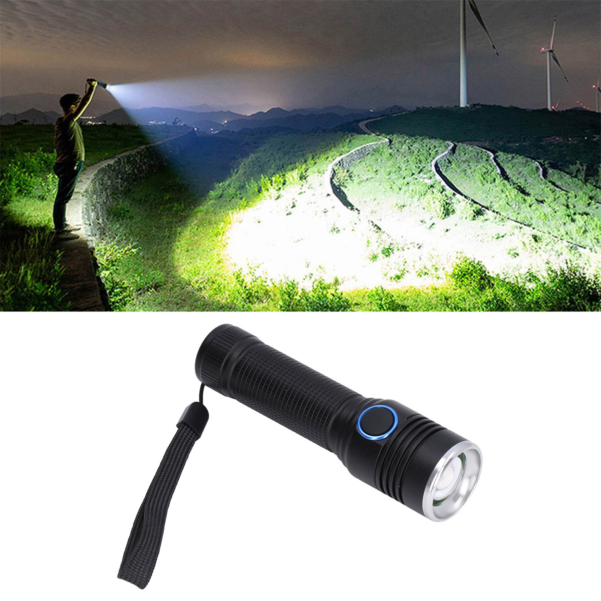 Ein Mann leuchtet nachts mit einer Taschenlampe auf einer kurvenreichen Straße in der Nähe von Windrädern. Eine schwarze Taschenlampe wird separat gezeigt.