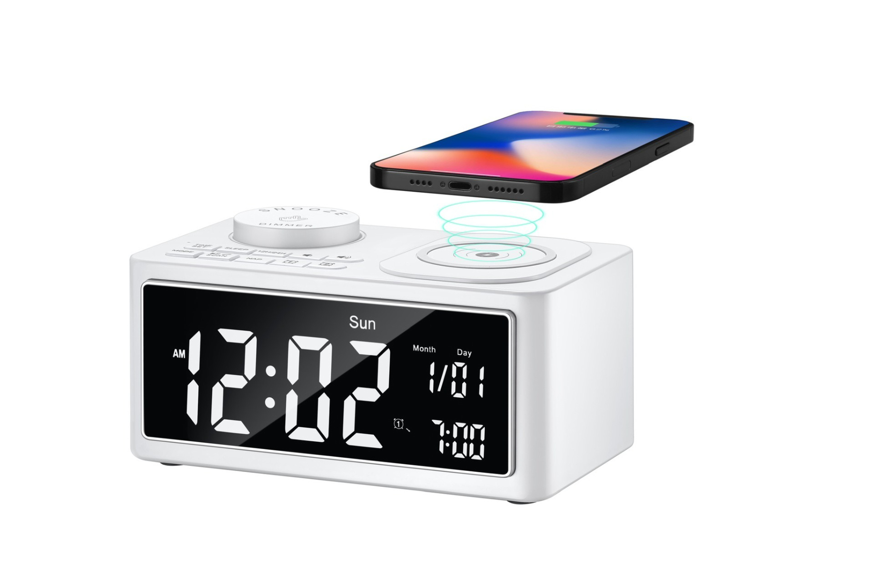 Eine weiße Digitaluhr mit einem Telefon oben, die Zeit und Datum anzeigt.