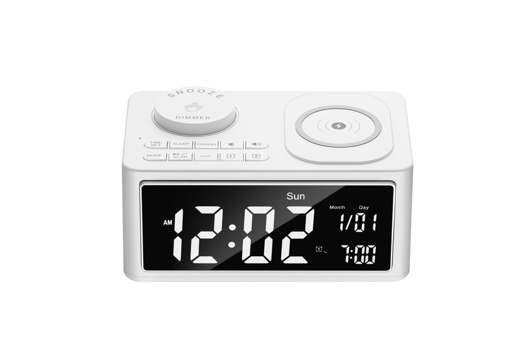 Weißer digitaler Wecker mit Zeitanzeige, Sonnensymbol und Bedienelementen oben.
