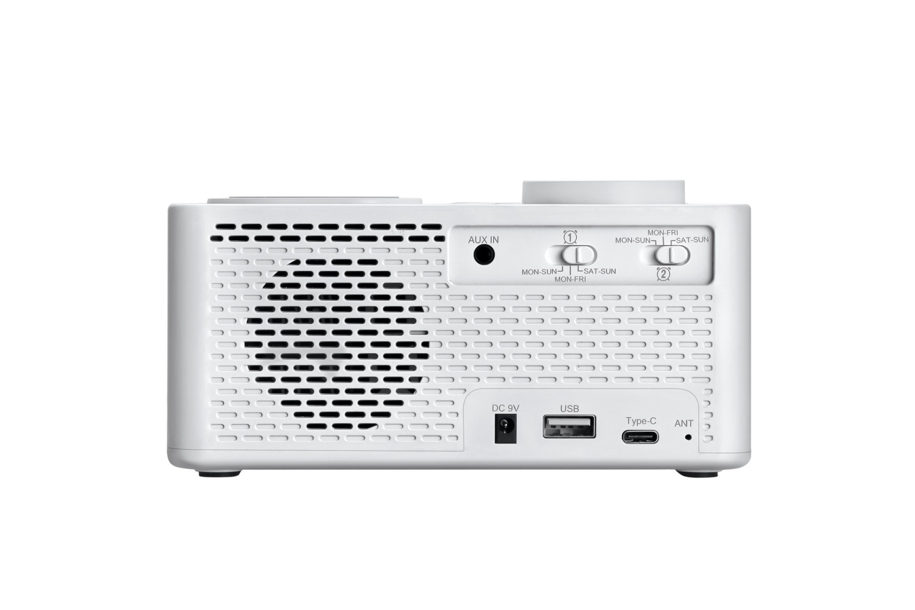 Weißes Retro-Radio mit Knöpfen, USB- und Typ-C-Anschlüssen und einer Antenne.