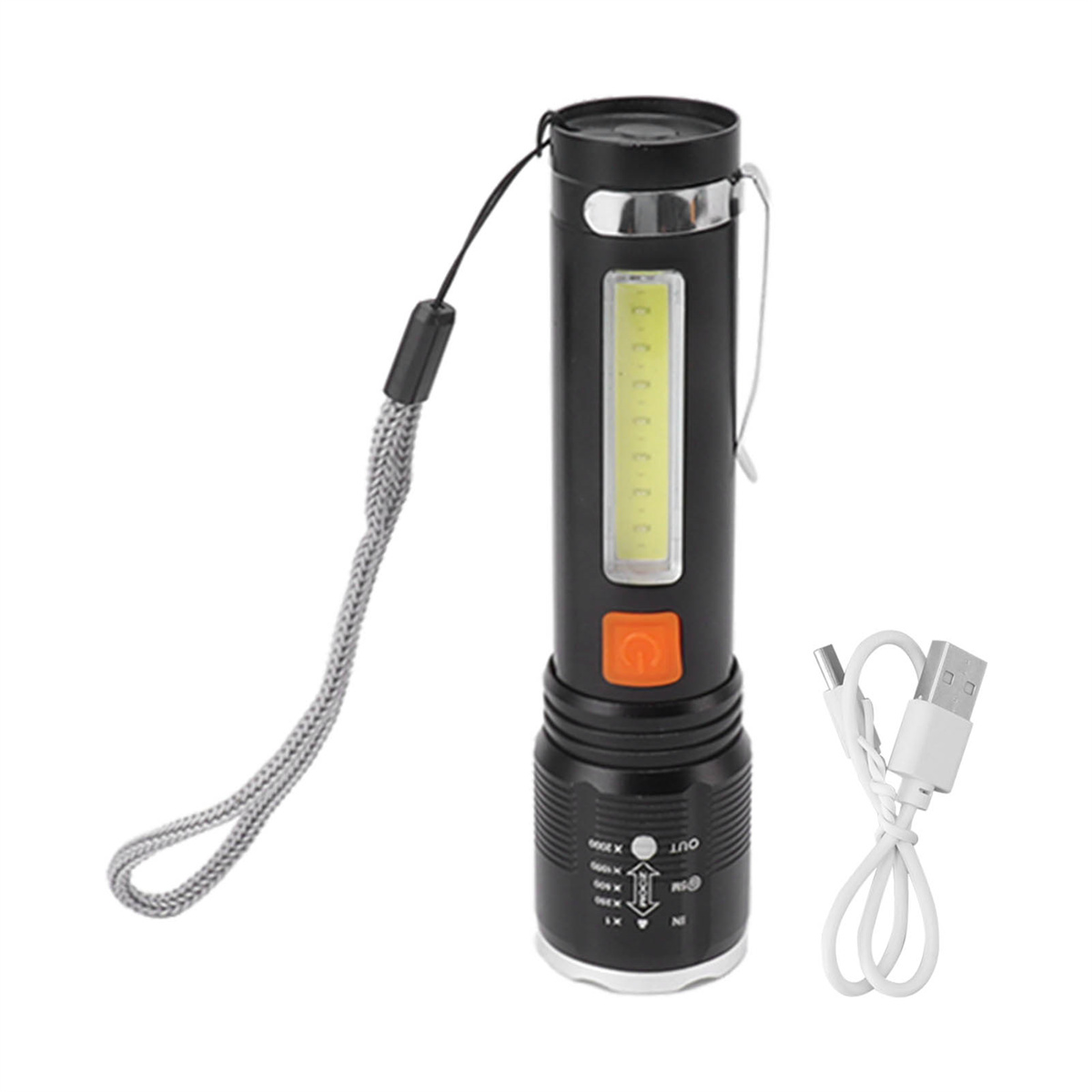 Schwarze Taschenlampe mit USB-Ladegerät. Der Hintergrund ist weiß.