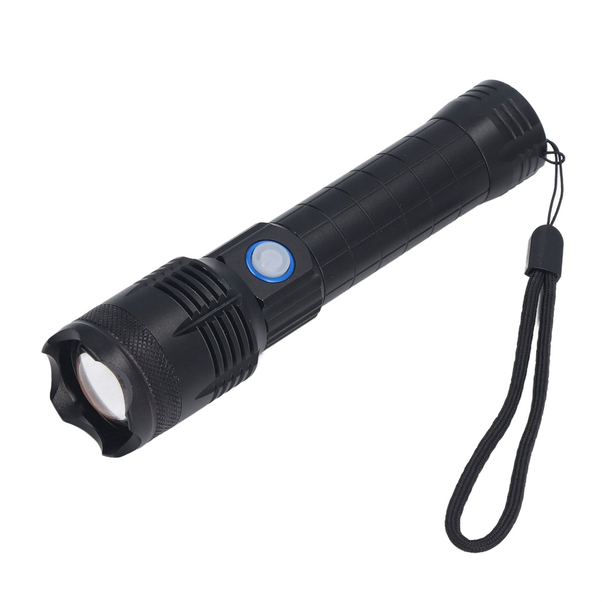 Schwarze Taschenlampe mit blauem Knopf und Lanyard auf weißem Hintergrund, strukturierter Körper.