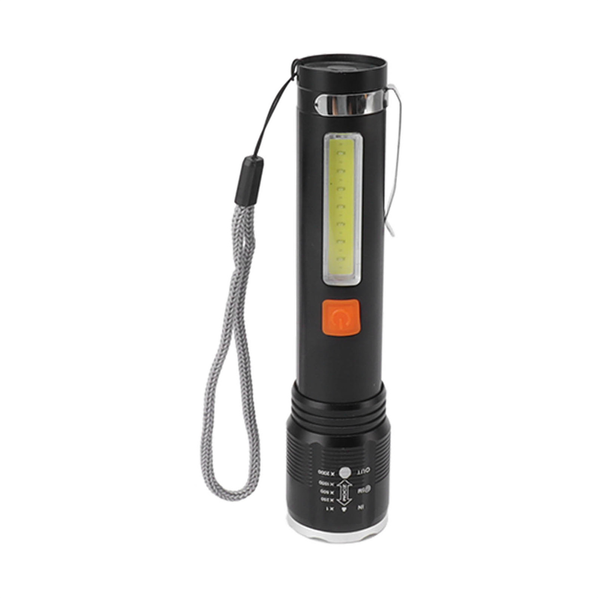 Eine schwarze Taschenlampe mit orangefarbenem Knopf und weißem COB-LED-Licht.