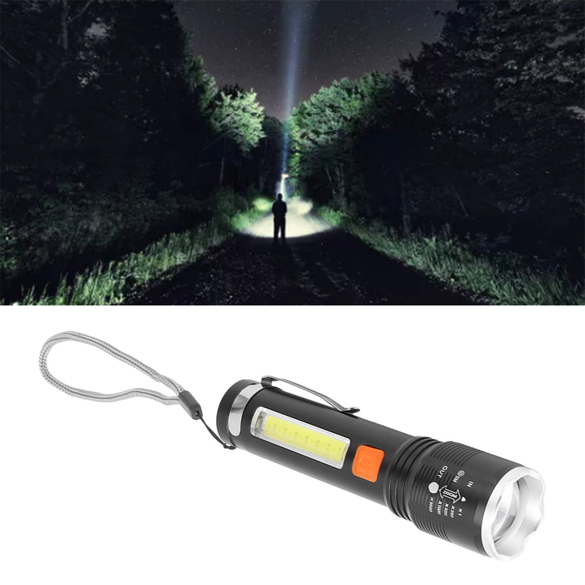 Eine Taschenlampe, die einen dunklen Pfad beleuchtet, mit einer Person am Ende.