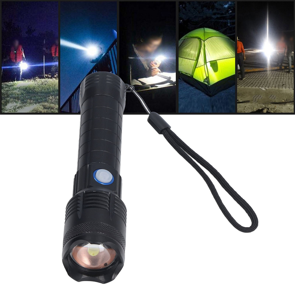 Schwarze Taschenlampe mit blauem Knopf und Handschlaufe, mit Nutzungsszenen.