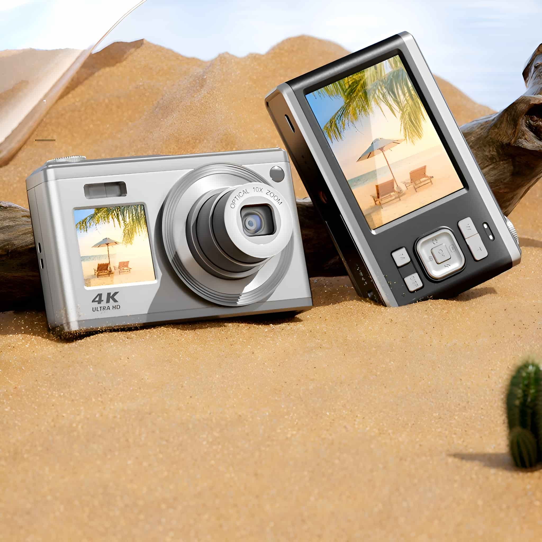Zwei Digitalkameras auf Sand. Eine hat ein Foto von einem Strand und die andere hat einen leeren Bildschirm.