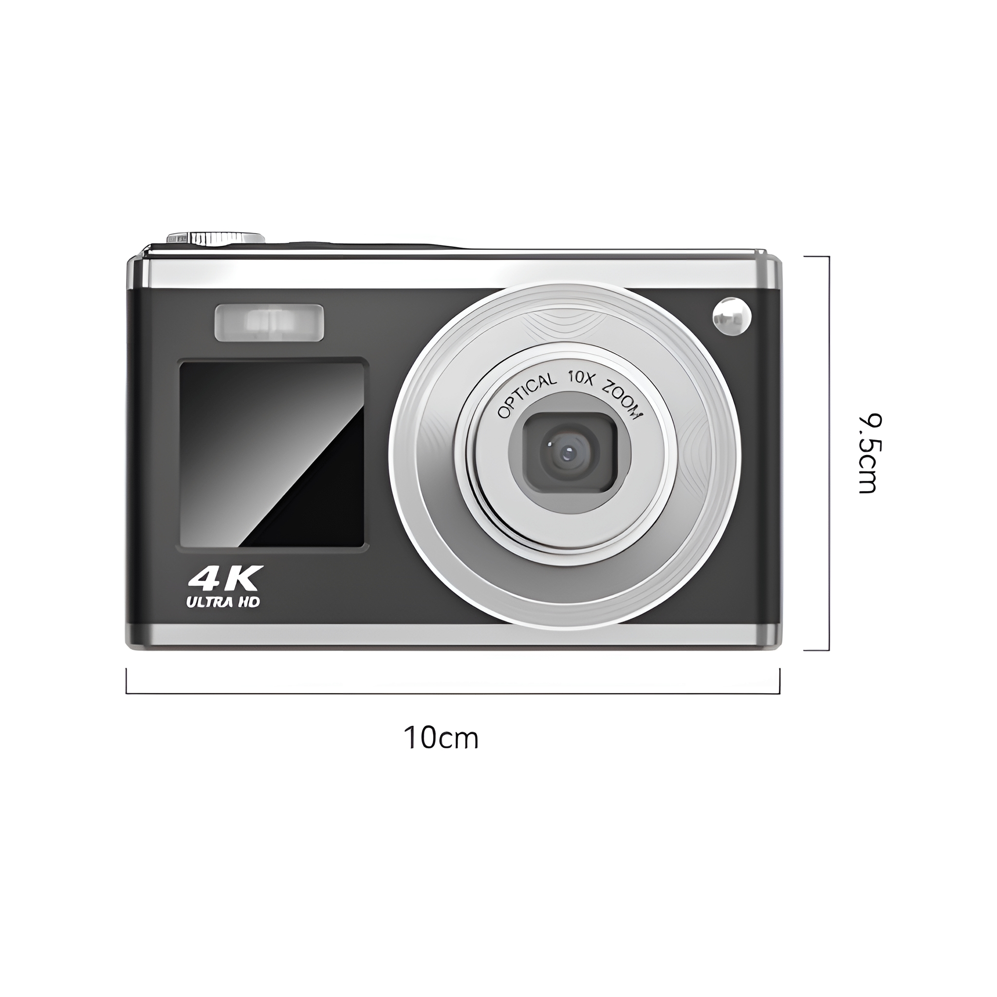 Schwarze Digitalkamera. Objektiv in der Mitte. Text: 4K ULTRA HD, OPTISCHER 10-FACH-ZOOM. Abmessungen: 10 cm x 9,5 cm.