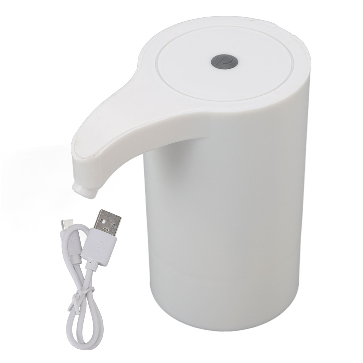 Weißer elektrischer Wasserspender mit USB-Kabel. Der Spender hat einen Ausguss und einen Knopf.