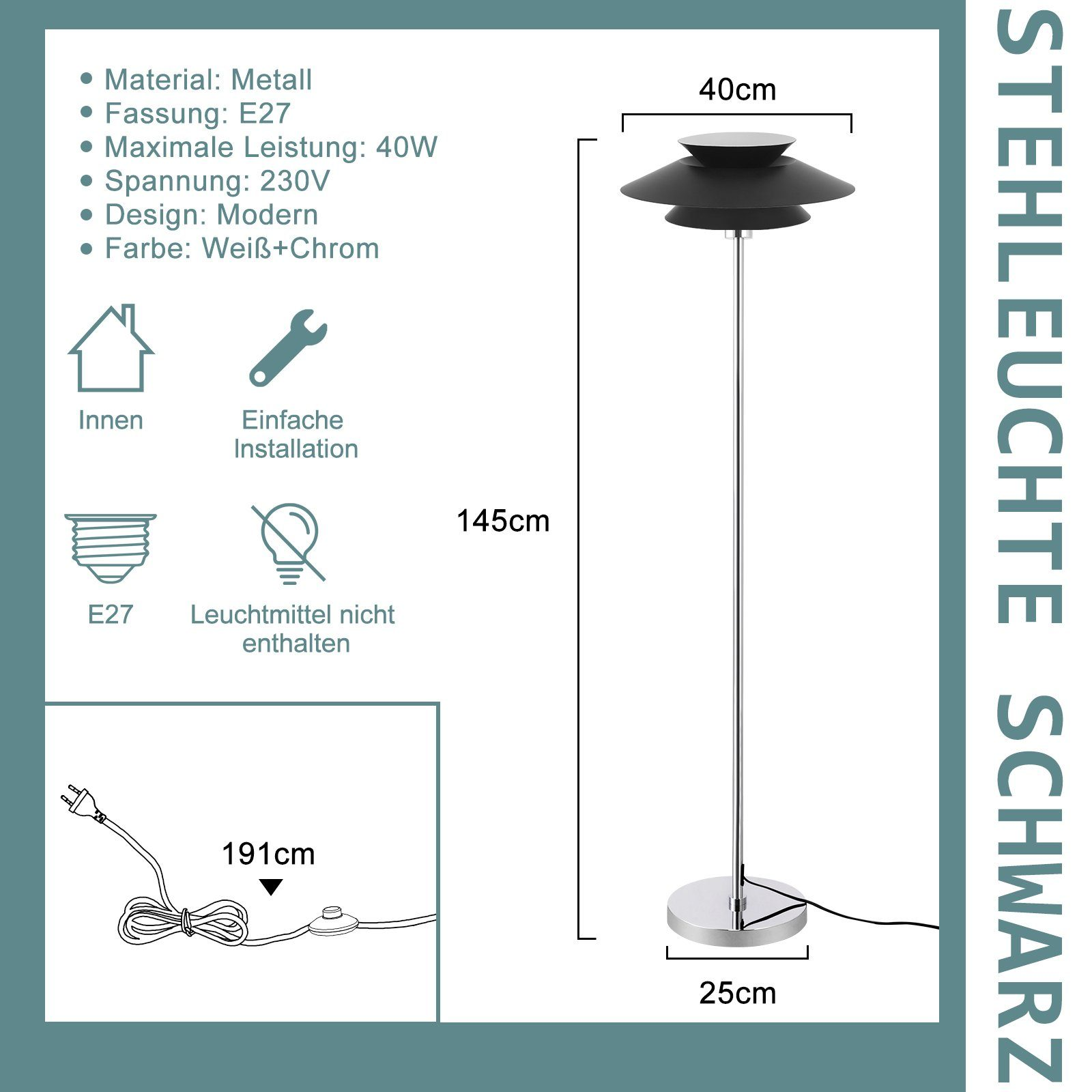 Czarno-srebrna lampa podłogowa z stożkowym kloszem i białą podstawą. Zielone tło z tekstem.
