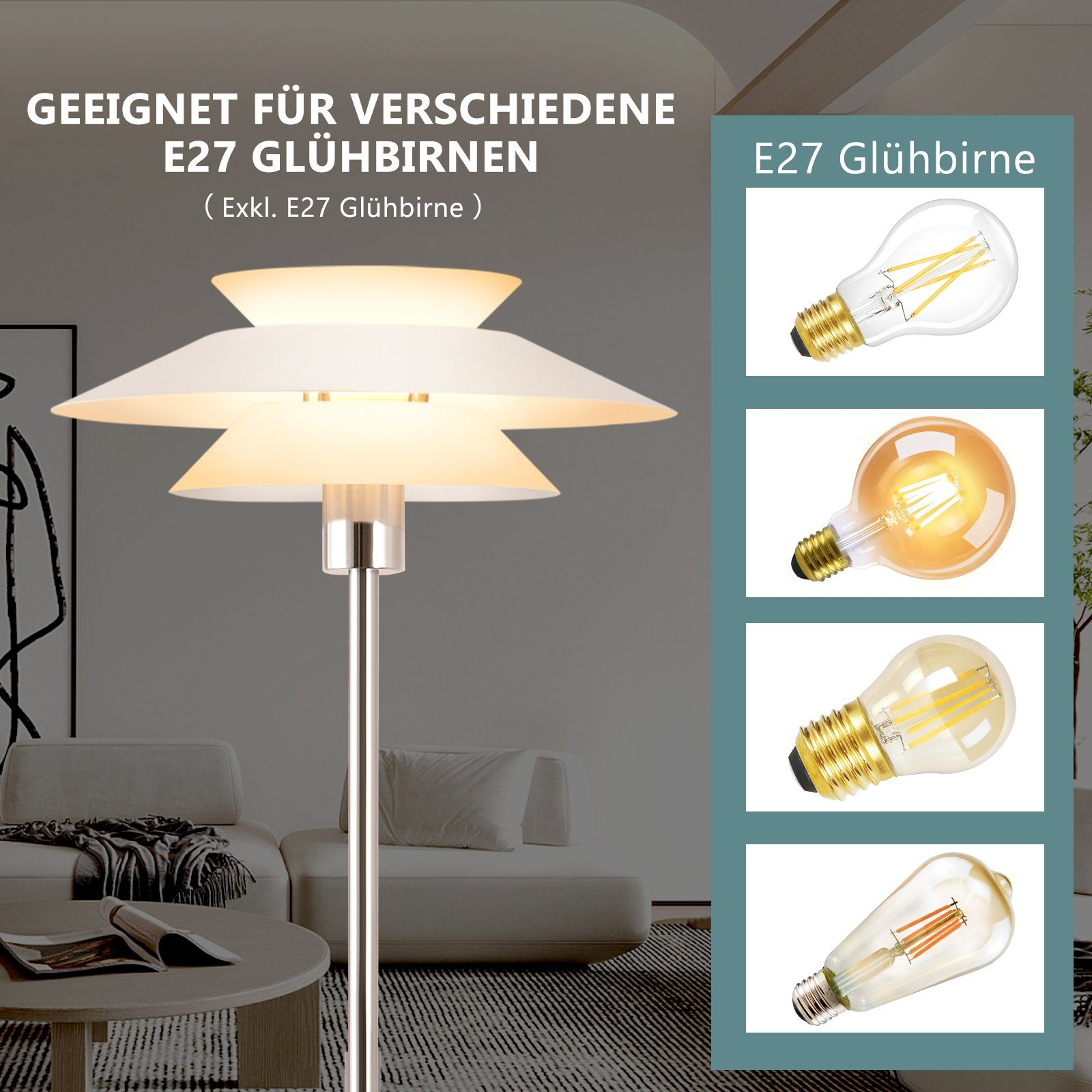 Lampa podłogowa z trzema białymi kloszami i lampa stołowa z żarówkami, w salonie.