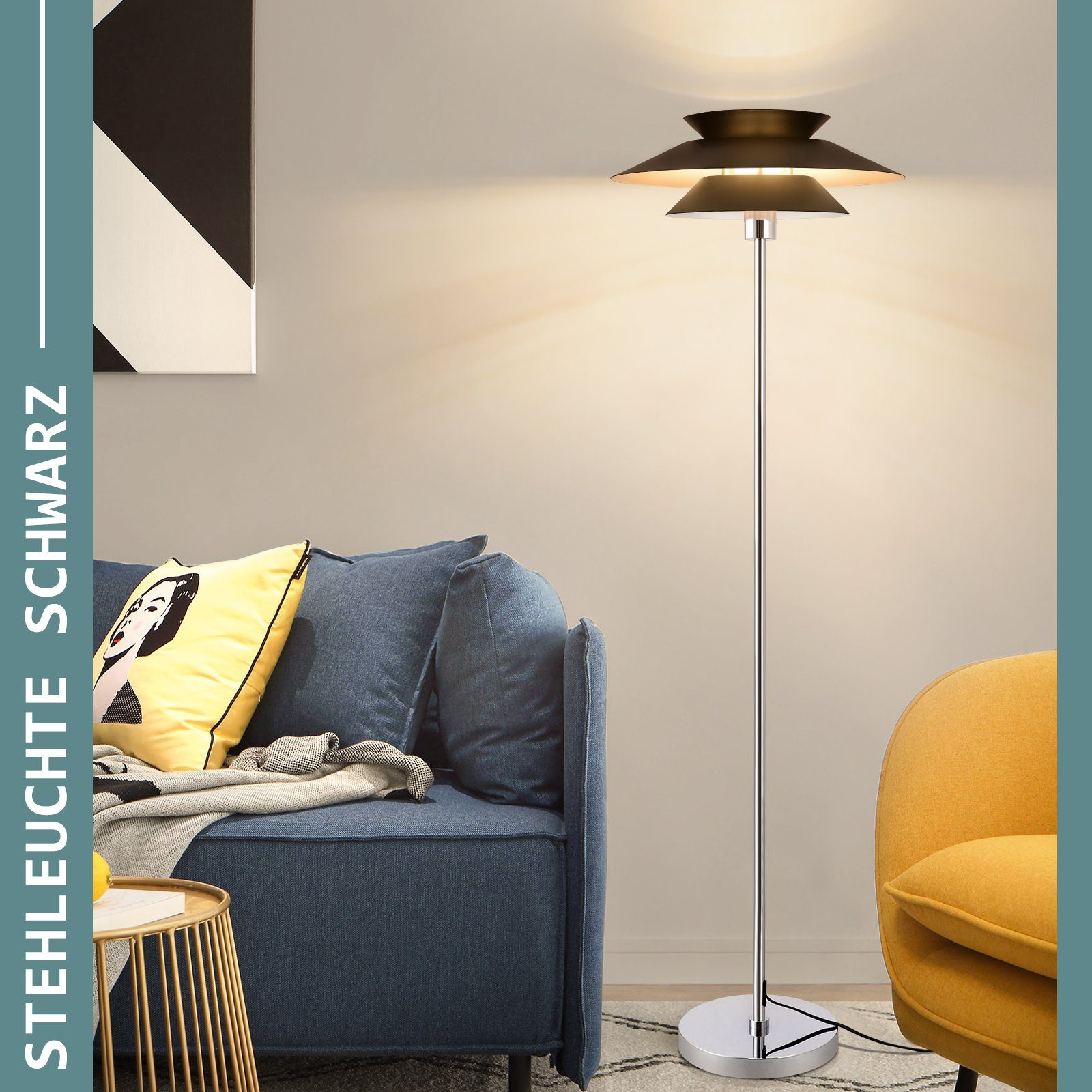Nowoczesna lampa podłogowa z czarnym abażurem, chromowanym słupkiem i niebiesko-żółtą dekoracją w tle.
