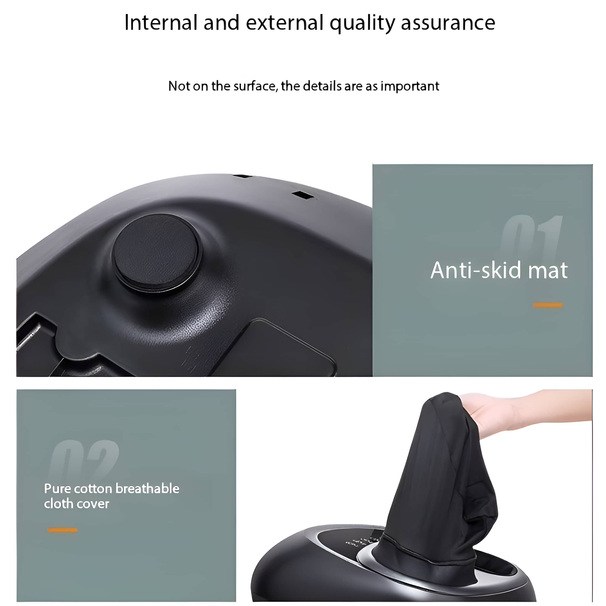 Produktdetails mit Text über Anti-Rutsch-Matte und atmungsaktivem Stoffbezug.