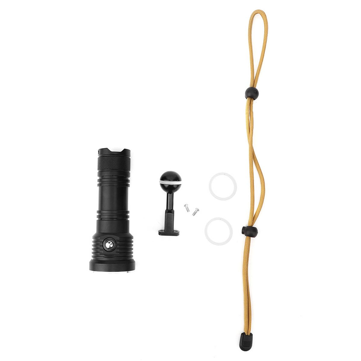 Eine schwarze Taschenlampe, ein kleiner Ständer mit Kugelkopf, zwei Ringe und ein beiges Schlüsselband.
