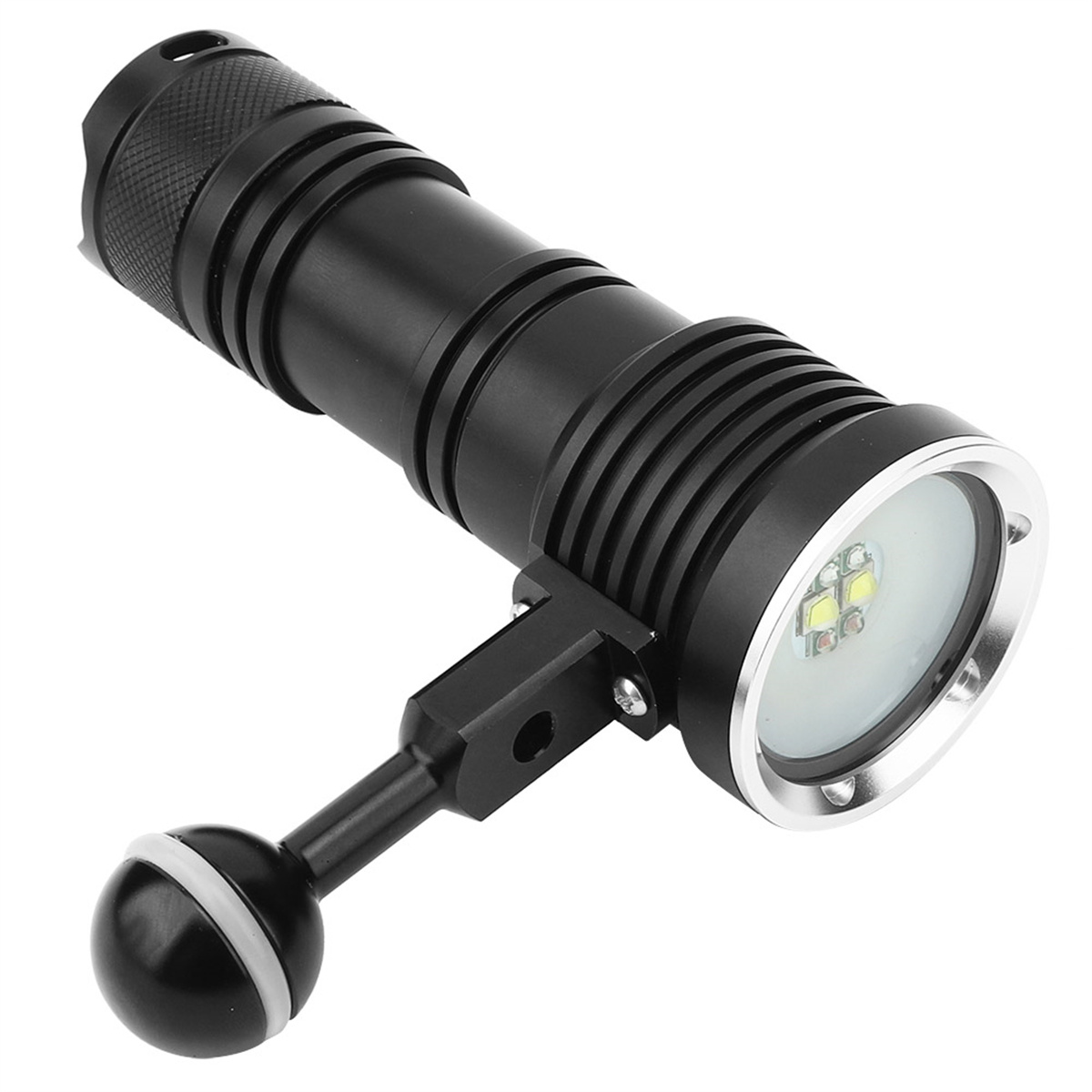 Eine schwarze Tauch-Taschenlampe mit Griff und Kugelgelenk zur Befestigung.