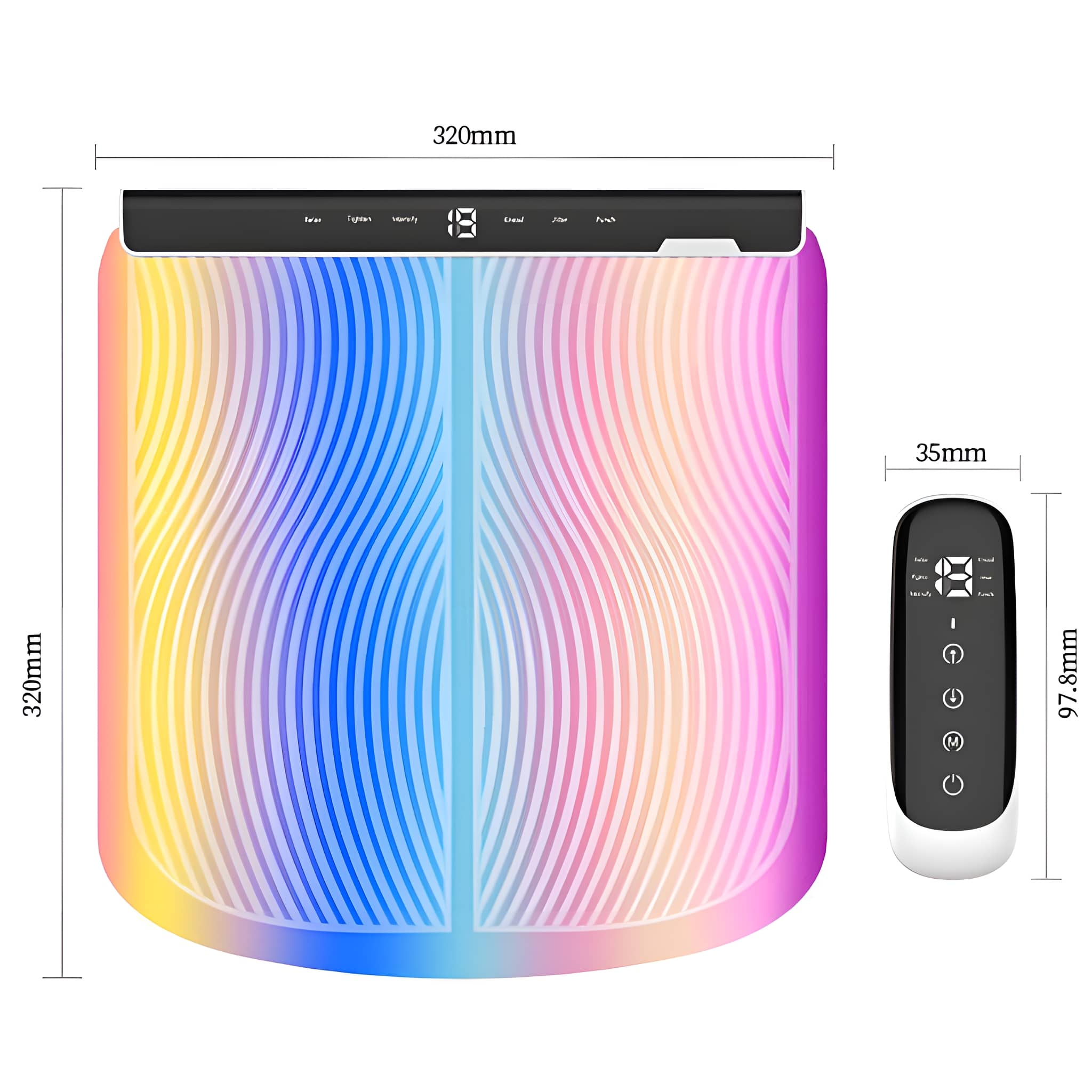 Vibrationsplatte mit Fernbedienung. Bunt, mit Maßangaben.