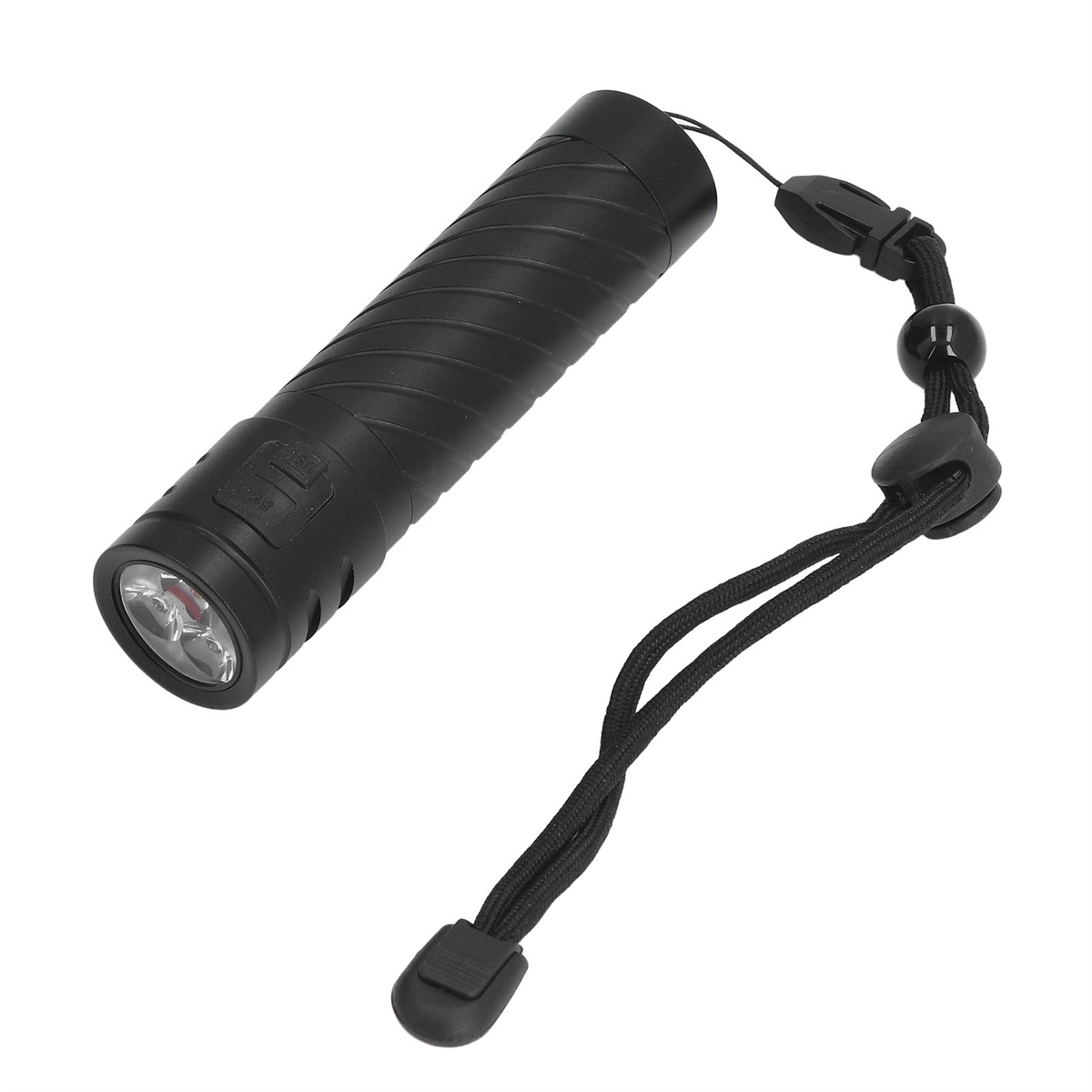 Schwarze Taschenlampe mit Handschlaufe und Schlüssel. Strukturierte Oberfläche.