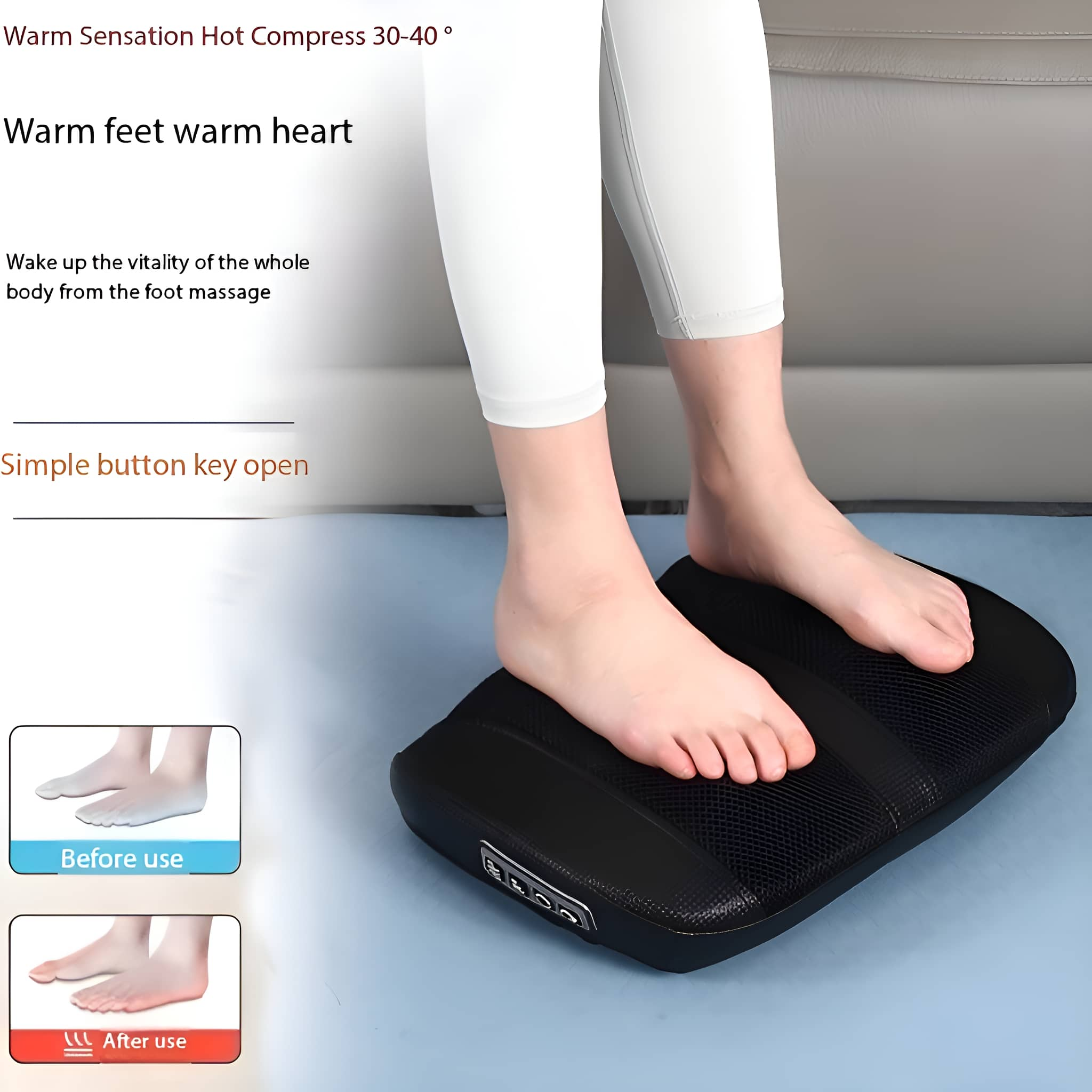 Die Füße einer Person auf einem schwarzen Fußmassagegerät. Das Bild zeigt Vorher-Nachher.